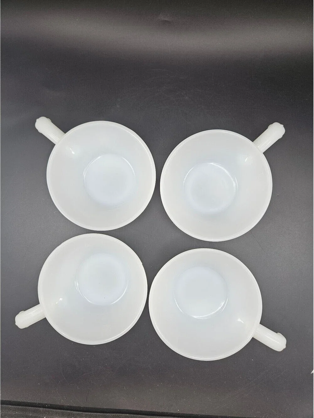 Set of 4 Fire-King Anchor Hocking White Milk Glass Handled Soup Chili Bowls #22